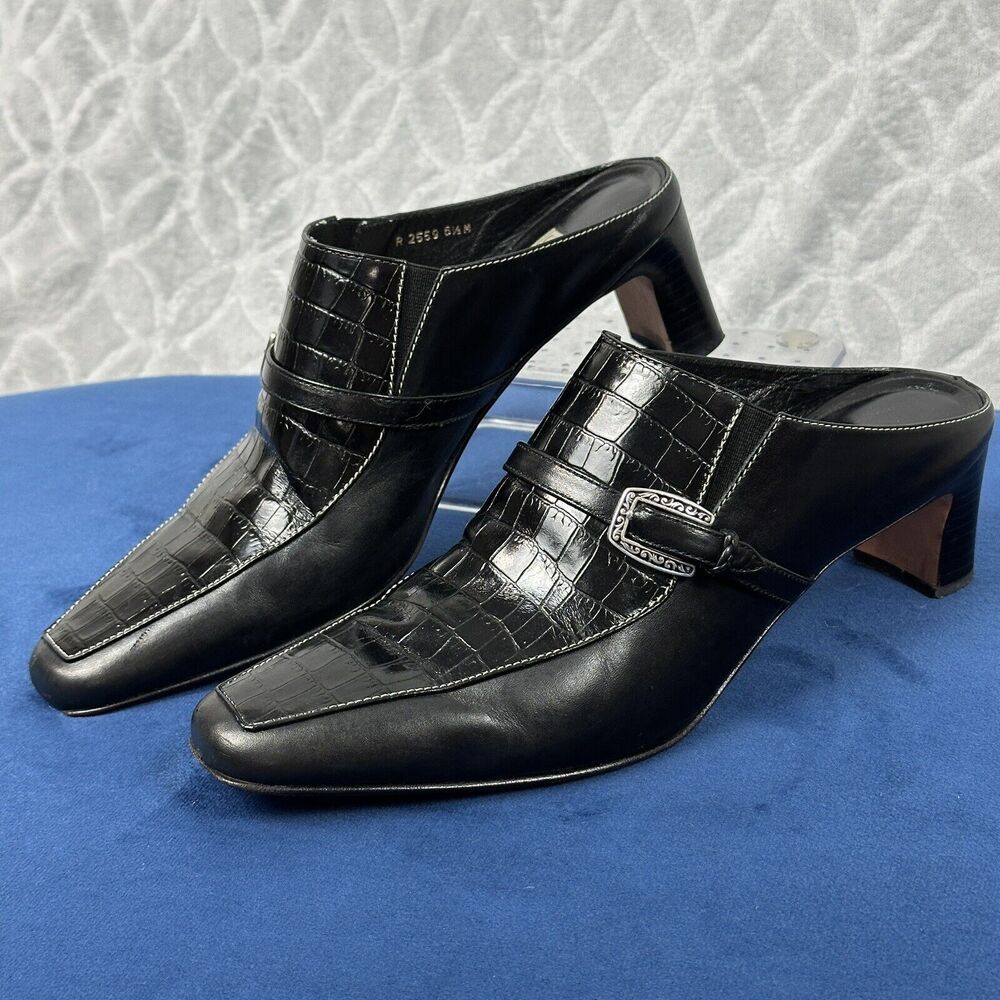 Vtg Brighton Leather Mules 6.5M Black Tiana Slip-On 2" Heels Croc Western Brazil